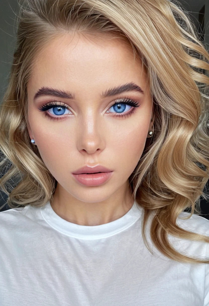 	Alla, wearing t shirt, parted lips, eyeliner, makeup, blue eyes, 8k, ultra detailed face, ultra realistic