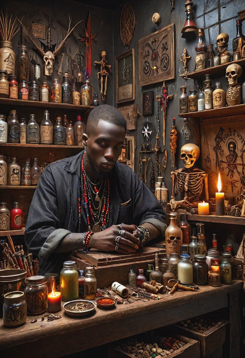 a voodoo man, wearing voodoo style clothing sitting behind a counter in a voodoo shop, voodoo symbols and tattoos, candles, vials of various things,  wall of miscellaneous nick-nacks, skulls in jars, bones hanging from walls and ceiling, ritualistic decor, smokey, highly detailed, (masterpiece, high detail, best quality), realistic