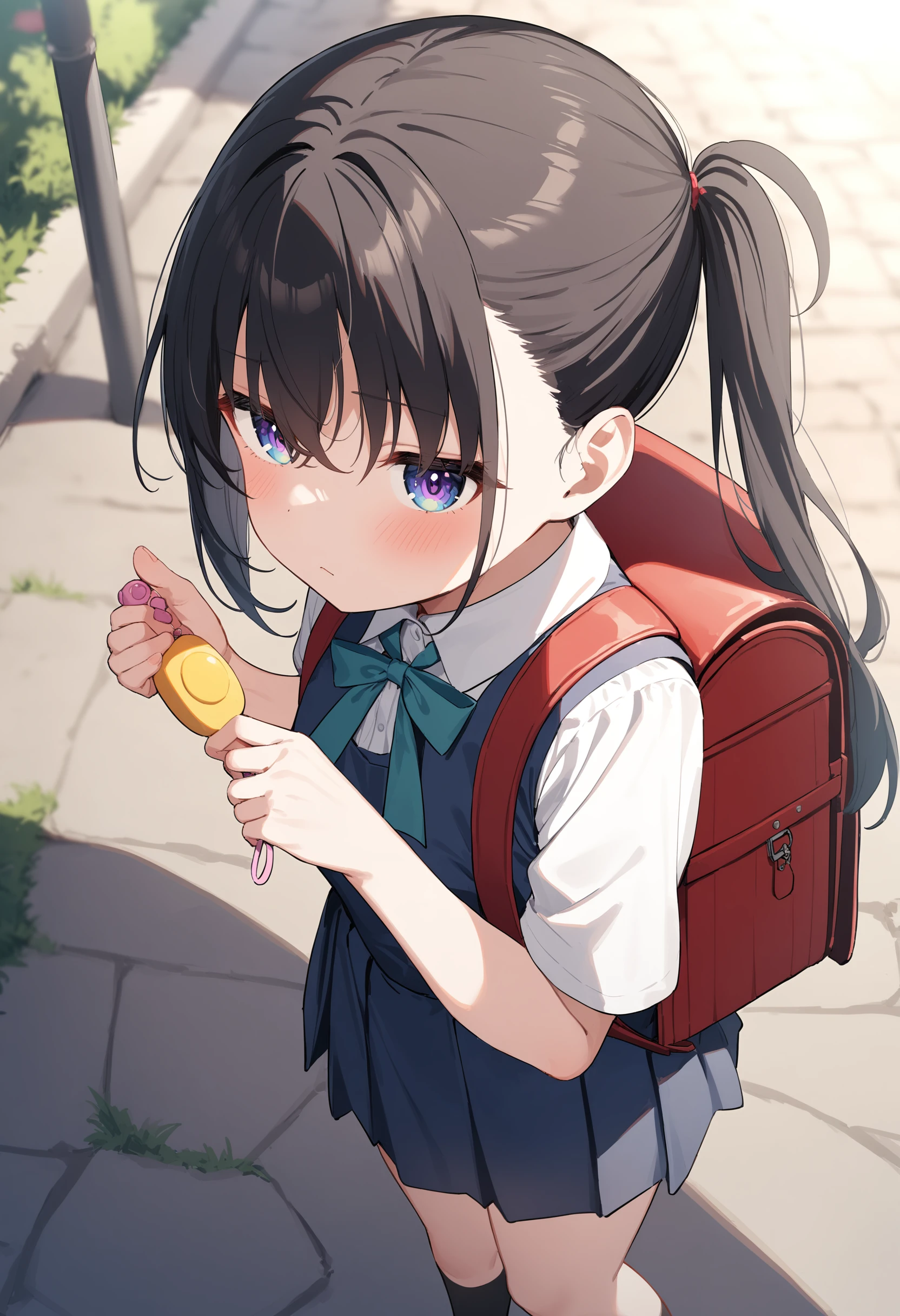 1girl,sincos, ningen mame, toosaka asagi,solo,medium breasts,school uniform,
crime prevention buzzer, holding, looking at viewer, hands up, randoseru, backpack,<lora:crimepreventionbuzzer_XL_v1:0.8>
from behind, full body, looking ahead, black hair, purple eyes,bored, boulevard, closed mouth, ponytail hair,,
best quality, very aesthetic, absurdres,