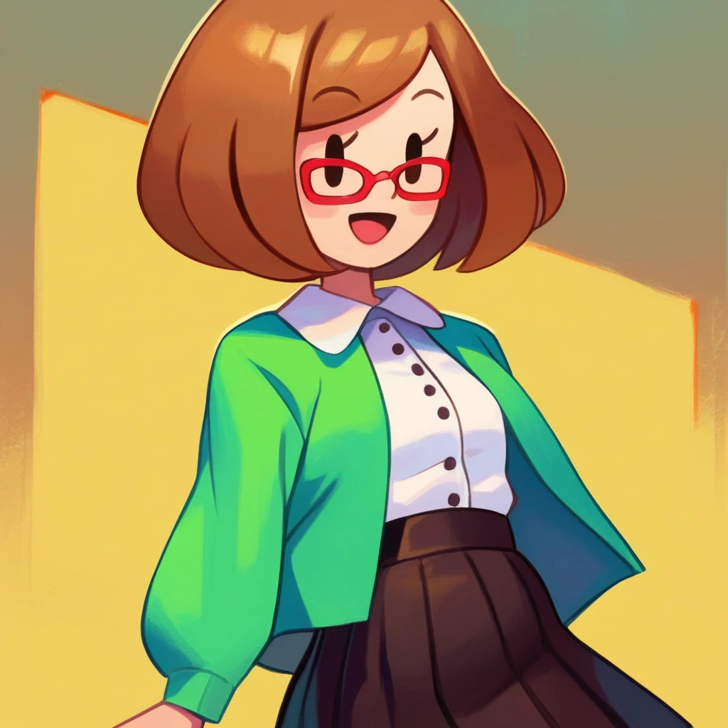 zPDXL, score_9_up, score_8_up, score_7_up, best quality,  source_anime, yellow background, arms at sides, BREAK 1girl, solo, nikki_(/swapnote/), brown hair, dot eyes, red glasses, bob cut, white button shirt, green coat, long sleeves, skirt, smile, open mouth, looking at viewer, standing, portrait, <lora:PDXL_Nikki_Swapnote:1>