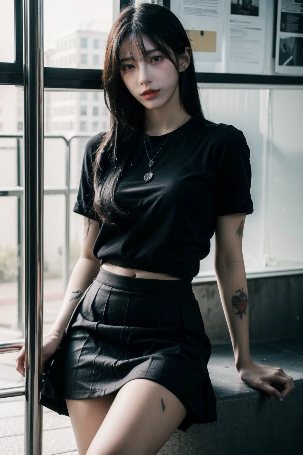 (realistic), (hyperrealism),best quality, masterpiece,ultra high res, (photorealistic:1.4),1girl,(looking at viewer:1.2),1girl, solo, realistic, looking at viewer, parted lips,  black skirt, blue shirt, tattoos
,   <lora:makina69_mido_v1.0:1>