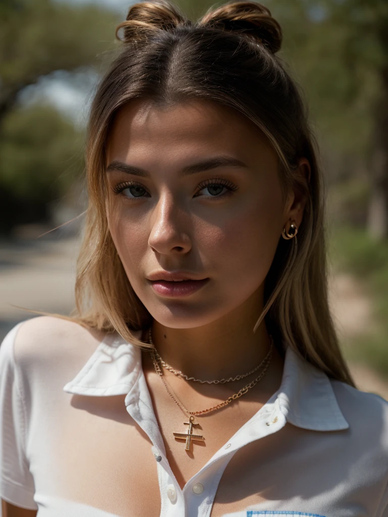 Realistic photo of a beautiful c0r1nn4k woman,1girl, solo, long hair, breasts, looking at viewer, blue eyes, blonde hair, jewelry, shirt, necklace, lips, cross, watch, realistic, nose, wristwatch, cross necklace, professional Photography, Photorealistic, detailed, RAW, analog, sharp focus, 8k, HD, DSLR, high quality, Fujifilm XT3, film grain, award winning, masterpiece<lora:c0r1nn4k:1.0>
