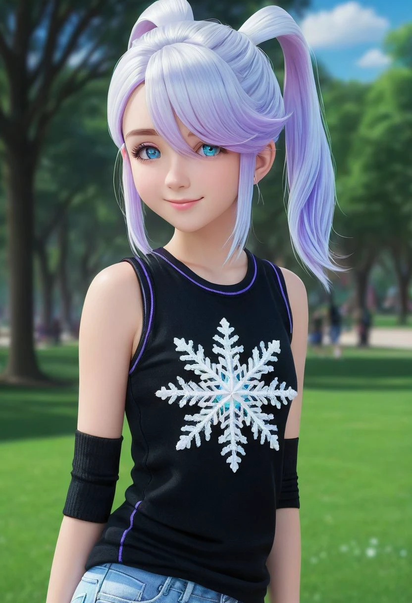 Expressiveh, (Masterpiece, best quality:1.2), score_9, score_9_up, solo, , soft shading, lighting, (anatomically correct), best high quality, high res, jewelry, 28 years old, thin, irl, photorealistic, park background, smiling, blue eyes, blue hair, (white and purple small highlights), hair ornament, multicolored hair, snowflakes, green eyes, sportswear, black tanktop, fingerless gloves, denim shorts, high heels, eah, rose, white footwear, jewelry, eyelashes, seductive pose, seductive look, full body visible, BadDream