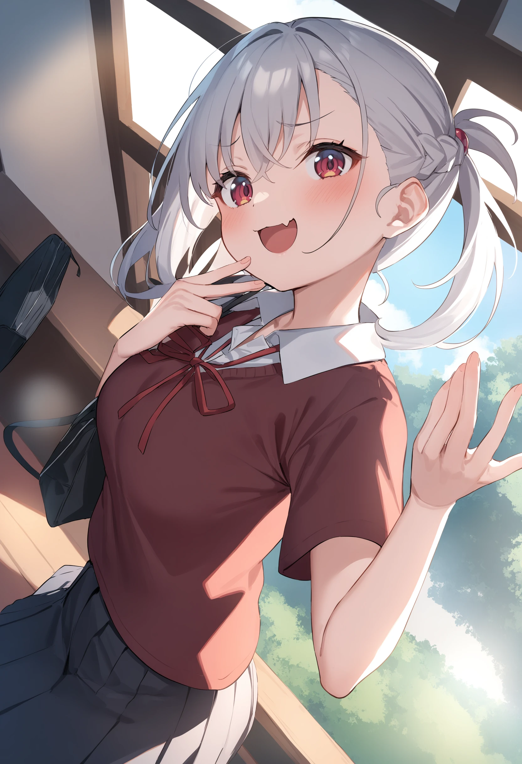 1girl,sincos, ningen mame, toosaka asagi,solo,medium breasts,school uniform,short sleeves,
mesugaki, smile, looking at viewer, blush, hand up, skin fang,<lora:mesugaki_XL_v1:0.9>
from behind, fisheye lens, looking up, silver hair, red eyes,frown, ground, open mouth, braid hair,,
best quality, very aesthetic, absurdres