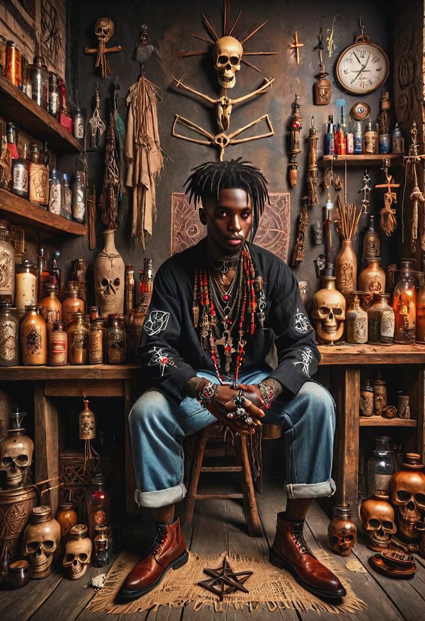 a voodoo man, wearing voodoo style clothing sitting in a voodoo shop, voodoo symbols and tattoos, candles, vials of various things, skulls in jars, bones hanging from walls and ceiling, ritualistic decor, smokey, highly detailed, (masterpiece, high detail, best quality), realistic