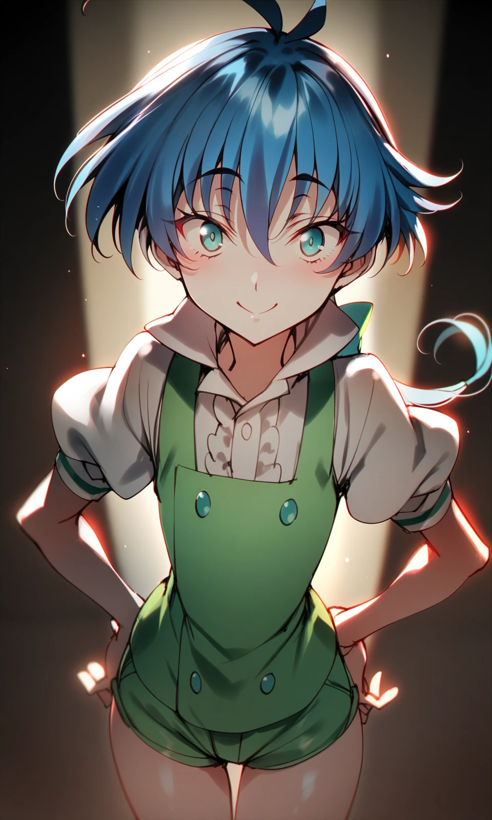 solo, 1boy, lloyd, aqua eyes, blue hair, short hair, low ponytail,
green vest, white shirt, puffy short sleeves, green short shorts,
looking at viewer, smile, =), hands on own hips,
upper body,
masterpiece, best quality, very aesthetic, absurdres, by creayus,
<lora:LloydDeSaloum_XL:1>