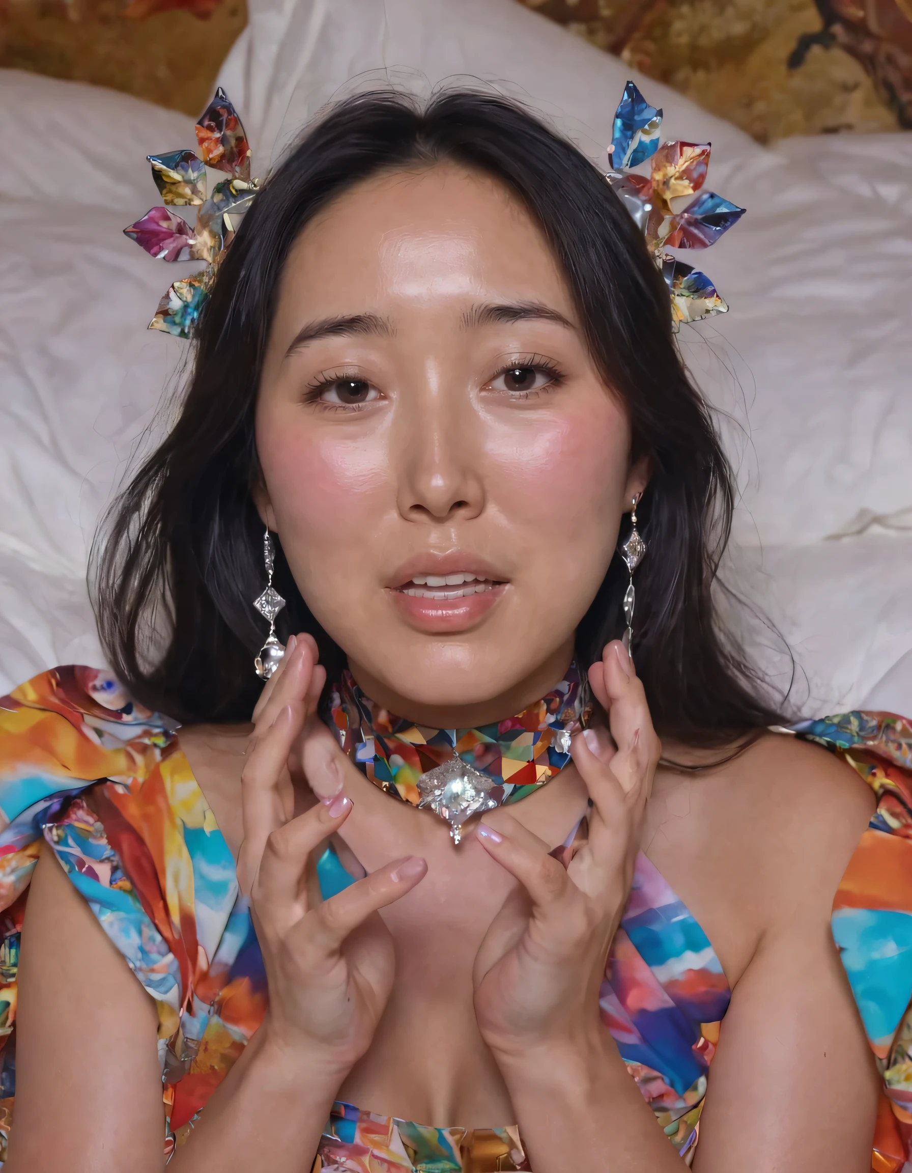 Hitomi Mochizuki, dressed in her kaleidoscopic attire, floats effortlessly amidst the surrealist landscape, embodying a magical moment where black hair cascades around her face, accentuated by brown eyes and the glimmer of jewelry dangling from her ears; longing, brown-lipped lips form a vulnerable pout as her hands entwine gracefully above a bed, creating a timeless, ethereal portrait that transcends reality, connecting both artist and audience on an intimate, introspective level. <lora:nzjjsw18f68d542b8u1e5:1>