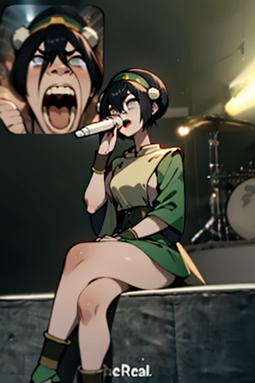 <lora:madscream-08:1> madscream, madscream, sitting, holding, singing, crossed legs, open mouth, <lora:Toph:1> 1girl, toph, bangs, black hair, blind, grey eyes, hair between eyes, hair bun, hairband, short hair, masterpiece, best quality