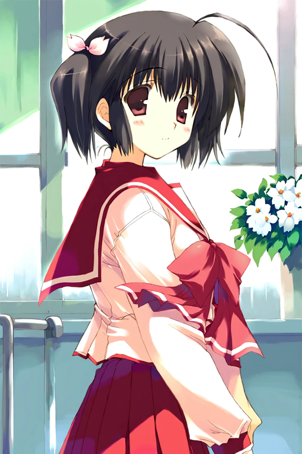 core_9,score_8_up,uncensored,1girl,yuzuhara konomi,1girl,solo,school uniform,long sleeves,twintails,skirt,flower,serafuku,red eyes,bow,ahoge,short hair,blush,looking at viewer,pleated skirt,red skirt,black hair,hair ornament,short twintails,brown hair,hair flower,<lora:yuzuhara konomi:1>,, core_9,score_8_up,uncensored,1girl