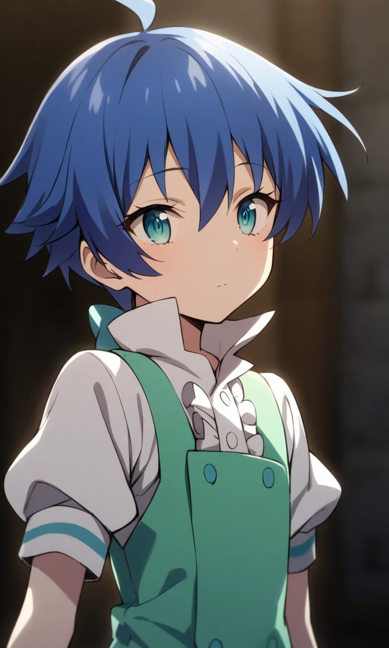 solo, 1boy, lloyd, aqua eyes, blue hair, short hair,
green vest, white shirt, puffy short sleeves,
upper body, half shot,
masterpiece, best quality, very aesthetic, absurdres,
<lora:LloydDeSaloum_XL:1>