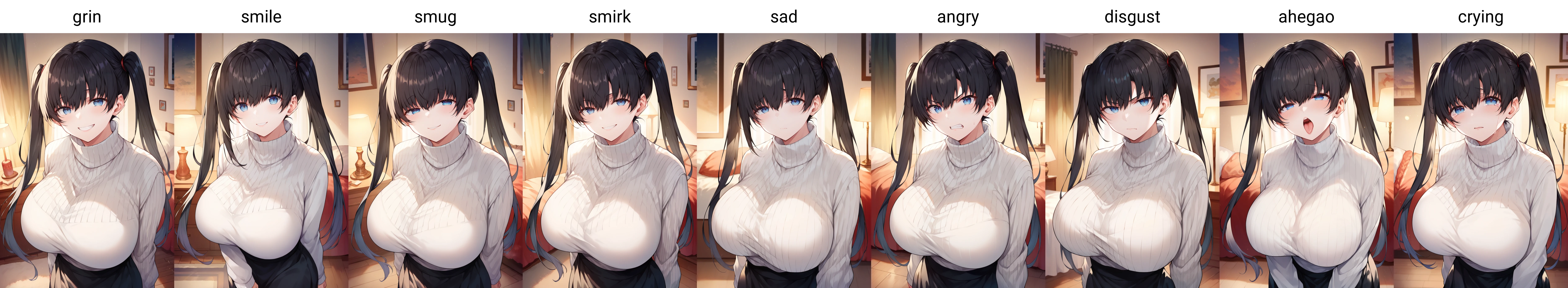 score_9, score_8_up, score_7_up, source_anime, 1girl,blue eyes,twintails, black hair, turtleneck sweater, white sweater, black skirt, grin,looking at viewer, from front, bedroom, standing, huge breasts <lora:kazutake-hazano-Style-PonyXL-Dora-000021:1>
