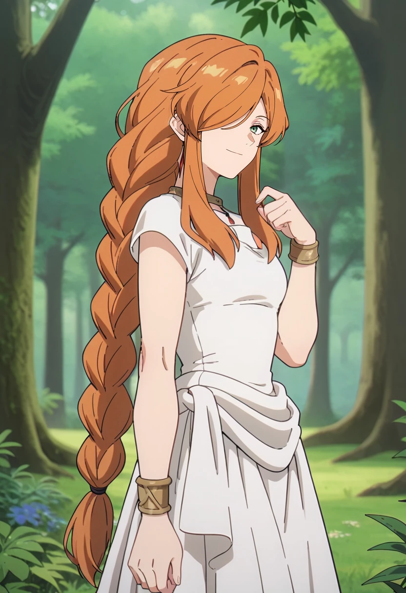 score_9, score_8_up, score_7_up,
<lora:SousouNoFrieren_FlammeXL:0.8>, FlammeSSnF,
1girl, solo, closed mouth, smile,
orange hair, long hair, green eyes, hair over one eye, long braid,
white dress, necklace, ancient greek clothes, short sleeves, long dress,
standing, looking at the viewer, from side,
fantasy, medieval, photo background, forest, tree, moss, stream, stone, leaf, maple tree, grass, nature, blurry background
