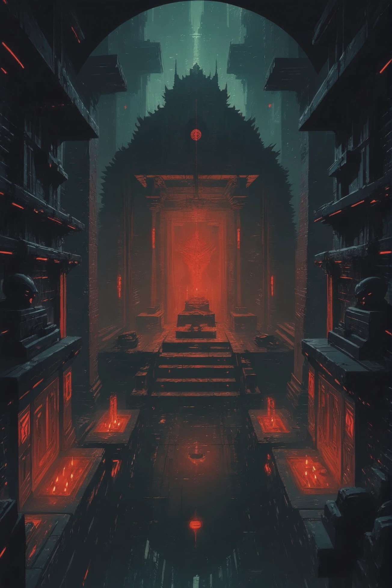 dynstopian cyberpunk, Shrine to Dark Deities \(room\) in a subterranean fantasy town outside of reality<lora:EnvyStarlightDystopianCyberpunk01:1>