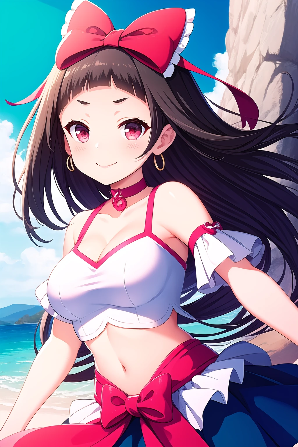 (masterpiece, best quality), highly detailed background, perfect lightingbest quality, isshikiairu, solo, outdoors, magical girl, black hair, hair bow, red bow, red ribbon, blunt bangs, very long hair, red eyes, medium breasts, choker, jewelry, crop top, cleavage, bare shoulders, puffy short sleeves, detached sleeves, white skirt, showgirl skirt, smile, closed mouth, >:), pink lips, <lora:Isshiki-Airu:0.7>