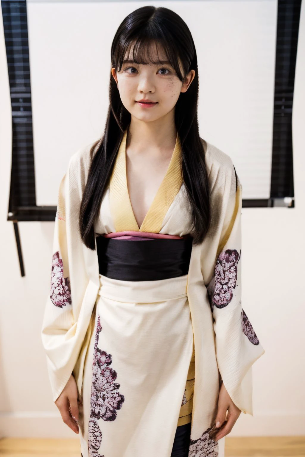 1girl, solo, small breasts, looking at viewer, realistic, photorealistic, bangs, black hair, brown eyes, long hair, freckles, hyper detailed, super sharp, crisp, smooth, smooth gradients, depth of field, (in studio: 1.1), (white background: 1.1), (sfw: 1.1), kimono, <lora:mao_imazumi:1>, <lora:breastsizeslideroffset:-0.4>, <lora:skin_slider_v2_1_FACE:0.5>, <lora:add_detail_v5:1>