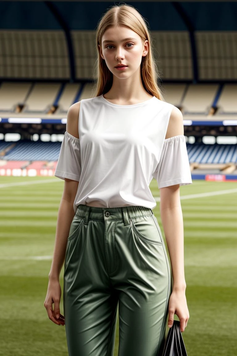 <lora:kawaii7.1.3_obj20:0.75:0.25>, European woman, closeup, sandals, (shirt), pants, (at a stadium), ZM_dorina, wide shoulders, perfect face, (contact iris: 1.1), pale skin, skin pores , depth of field