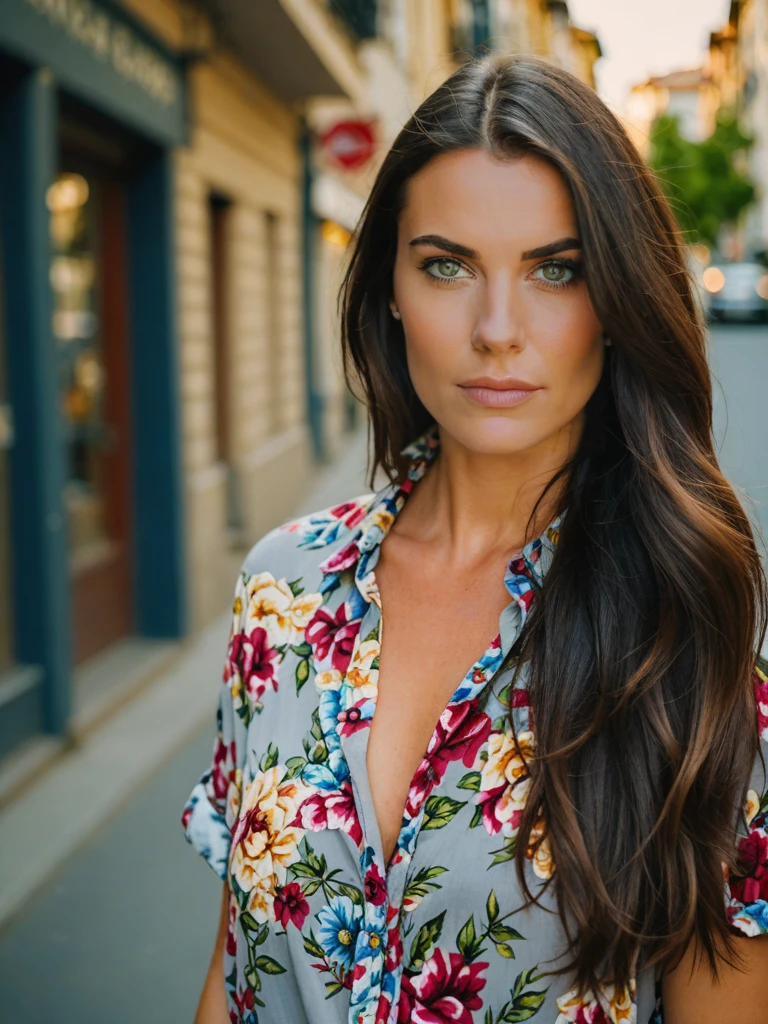 Portrait of a beautiful woman with dark hair, gray eyes, open floral Shirt, on the street.
