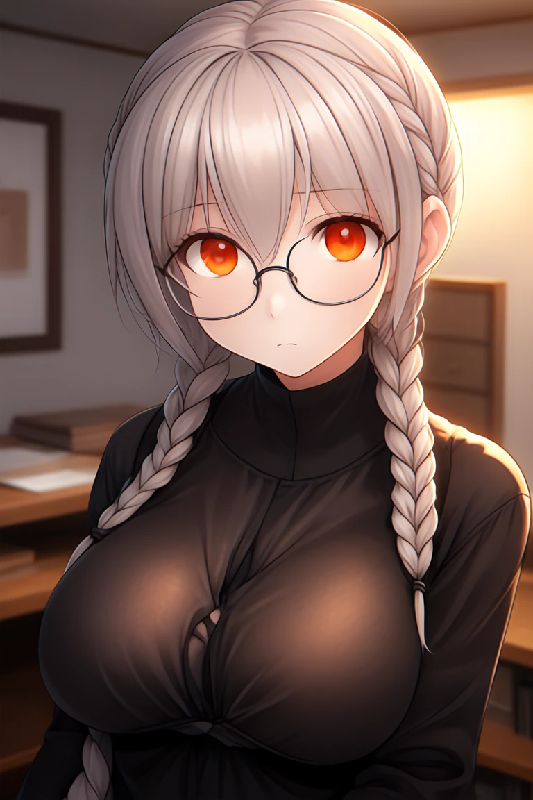 1girl,blush, upper_body, , brown hair, braid,  looking at viewer,shirt, ahoge, orange eyes, white hair, breasts, semi-rimless eyewear, collarbone, medium hair, braided ponytail, hair between eyes, glasses, black shirt, blush,breasts, medium breasts, black-framed eyewear, long sleeves, indoors, 