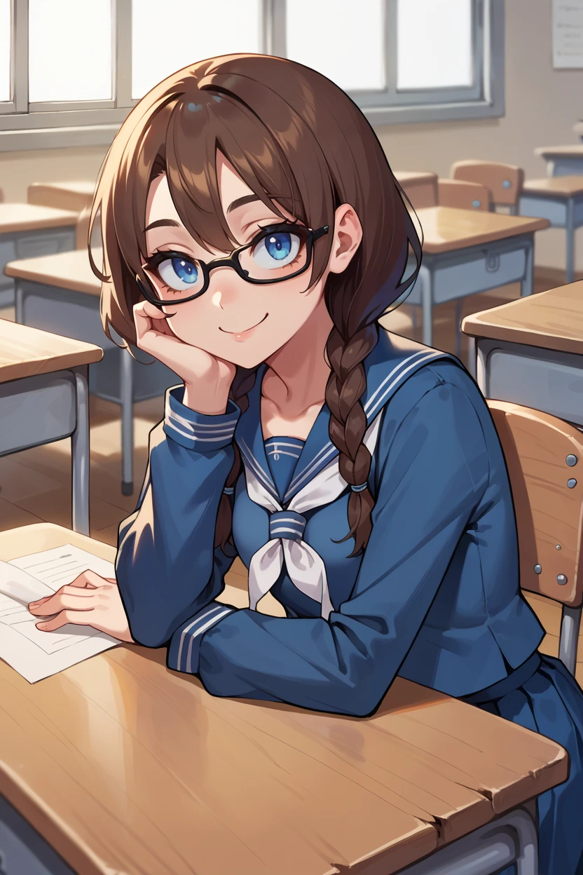 score_9, score_8_up, score_7_up, score_6_up, source_anime BREAK 1girl, girl and dog, <lora:yoshidasaki-pdxl-nvwls-v1-000006:1> defSaki, blue eyes, twin braids, hair over shoulders, glasses, navy blue shirt, serafuku, white neckkerchief, long sleeves, pleated skirt, sitting, desk, chair, head rest, smile, from side, classroom, looking at you