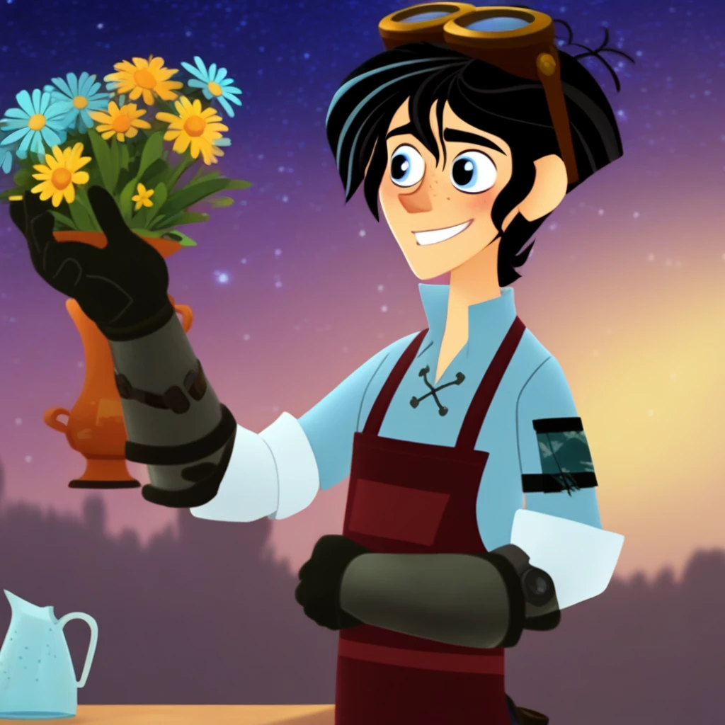 tooth gap, tree, goggles on head, black hair, apron, solo, vase, retro artstyle, black eyes, looking to the side, sky blue eyes, shirt, narrow face, blurry background, gloves, upper body, male focus, looking at viewer, starry sky, teeth, blue eyes, vest, flower