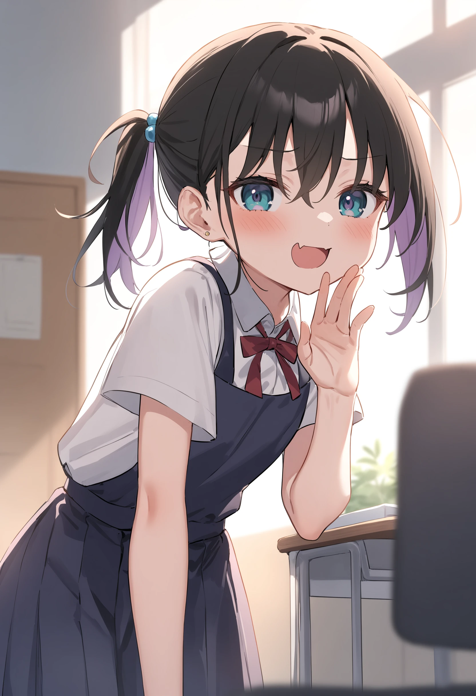 1girl,sincos, ningen mame, toosaka asagi,solo,medium breasts,school uniform,short sleeves,
mesugaki, smile, looking at viewer, blush, hand up, skin fang,<lora:mesugaki_XL_v1:0.9>
from side, feet out of frame, looking to the side, purple hair, silver eyes,expressionless, science room, closed mouth, short ponytail hair,,
best quality, very aesthetic, absurdres