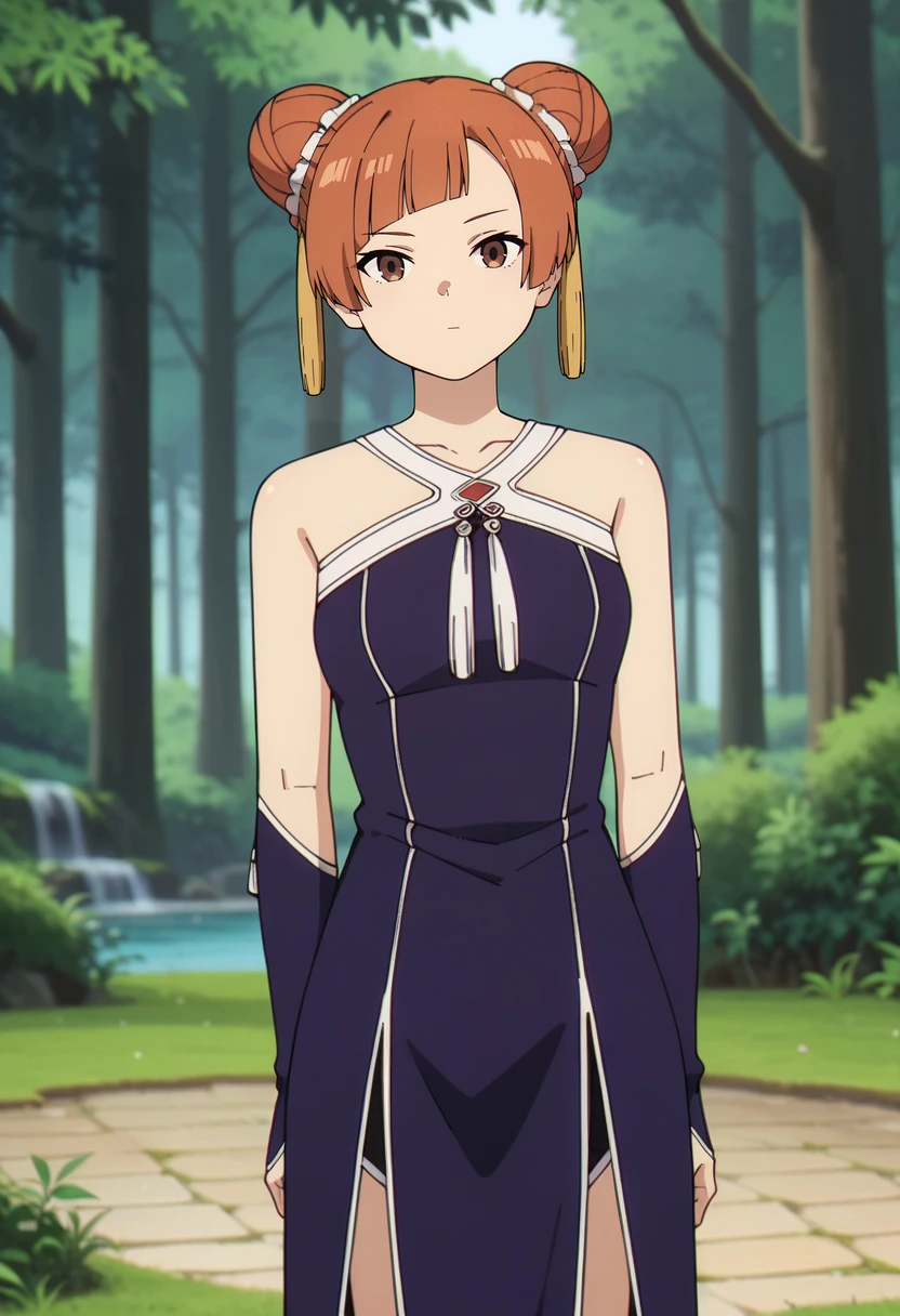 score_9, score_8_up, score_7_up, source_anime,
<lora:SousouNoFrieren_LaufenXL:0.8>, LaufenSSnF,
1girl, solo, closed mouth,
orange hair, short hair, hair bun, brown eyes, tassel,
china dress, purple dress, sleeveless, halterneck, bridal gauntlets,
standing, looking at the viewer, arms behind back,
fantasy, medieval, photo background, forest, tree, moss, stream, stone, leaf, maple tree, grass, nature, blurry background