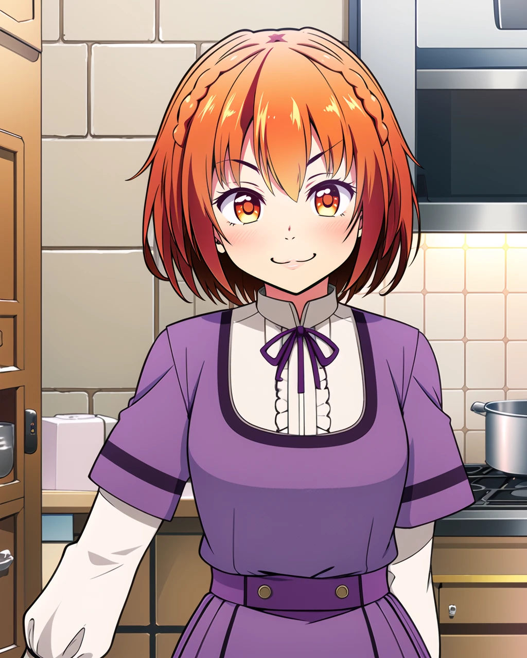 masterpiece, high quality, 1girl, walking, mgrckurumimanaka, medium shot, upper body, orange eyes, orange hair, detailed, dynamic pose, purple with white dress, long sleeves, purple skirt, purple bowtie, indoors, kitchen, light smile, <lora:mgrckurumimanaka-05:0.8>