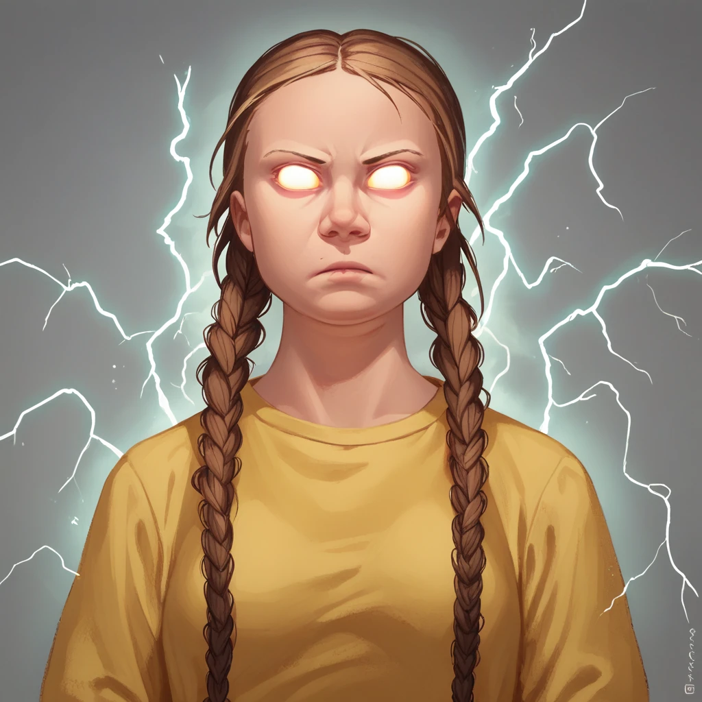 score_9, score_8_up, score_7_up, BREAK, source_cartoon,1girl, solo, Greta,   twin braids, brown hair,   <lora:GretaT_Leaf1:1>, cowboy shot, yellow shirt,  incrslowtier, <lora:KYS_XLPD:1.3>, electricity, upper body, glowing eyes, no eyes, expressionless,