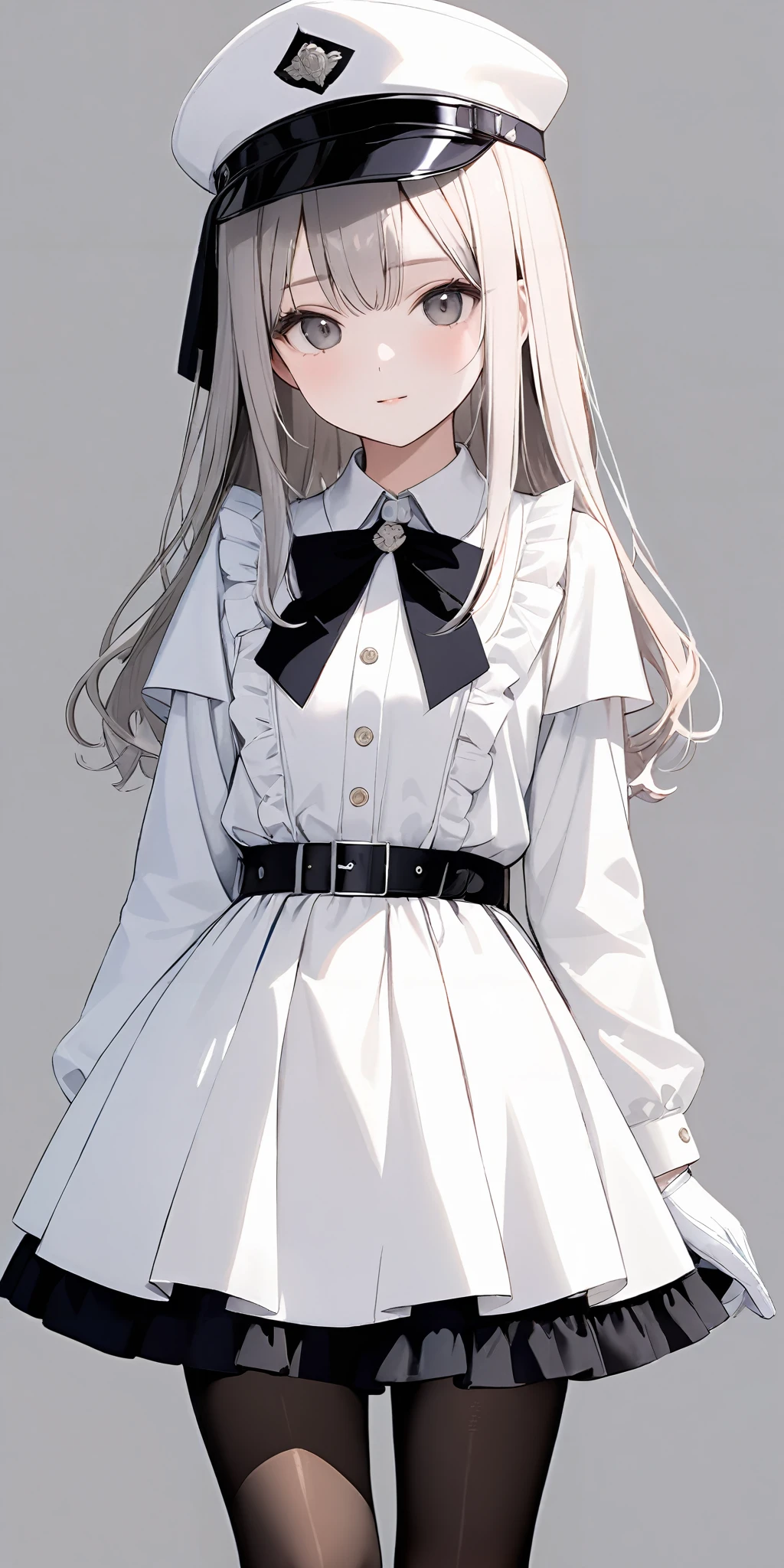 masterpiece,ultra-detailed,best quality,8K,illustration,cute face,clean skin ,shiny hair,girl,simple background
<lora:military uniform_XL_V1.0:1> jyojifuku, m dress, gloves, boots, belt, hat,long sleeves,pantyhose,frills,white clothes