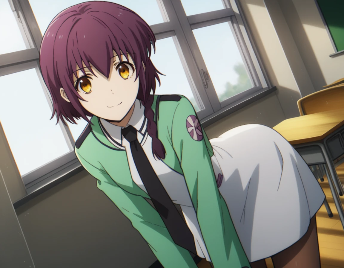 score_9, score_8_up, score_7_up, source_anime,
minamisakurai, <lora:minami-sakurai-s2-ponyxl-lora-nochekaiser:1>,
minami sakurai, brown eyes, yellow eyes, purple hair, braid, single braid, hair over shoulder,
long sleeves, dress, school uniform, pantyhose, necktie, white dress, black necktie, green jacket,
indoors, classroom, bent over, smile,
solo, dutch angle, looking at viewer, cowboy shot,