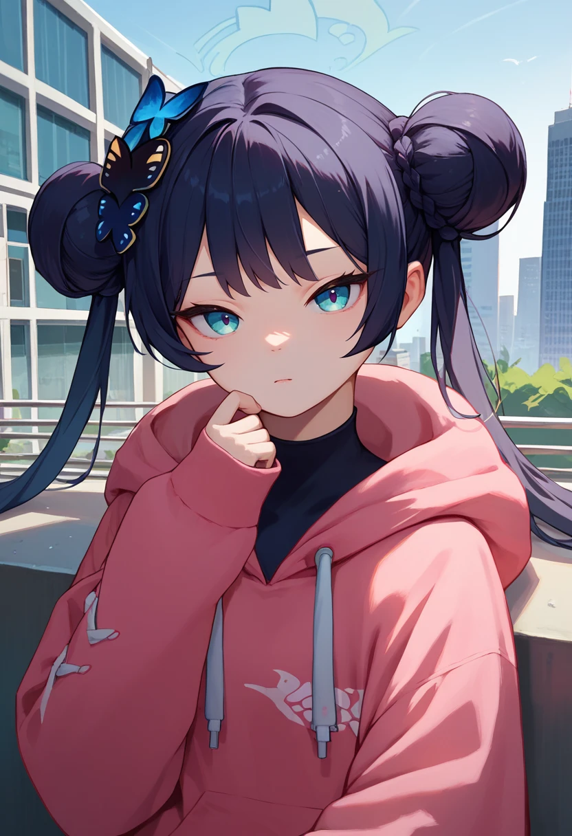 score_9, score_8_up, score_7_up, 1girl, ksak, black hair, double bun, low twintails, hair ornament, hoodie, miniskirt, city, looking at viewer, <lora:Kisaki 3-000007:1>