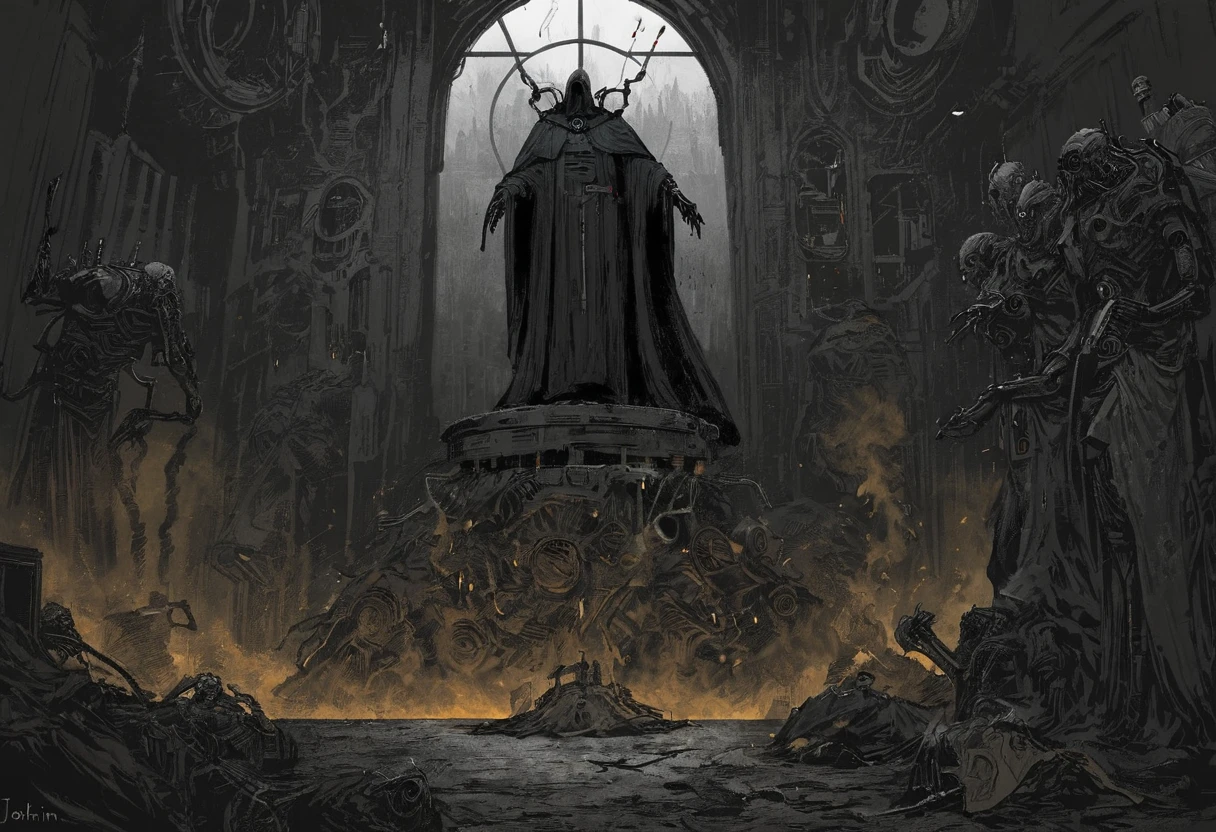 A digital painting of a dark and dirty room. In the center of the room is a large metal table with a servitor strapped to it. The servitor is a man who has been augmented with cybernetic parts. He is wearing a black robe and his face is hidden by a mask. There are several other servitors in the room, all of whom are working on different tasks. In the background of the room is a large window that shows a view of the city. The city is dark and gloomy, and the sky is filled with smoke. By Joakim Ericsson.
line art, extremely detailed, dynamic shading, grimdark, expressive, impasto, volumetric lighting, matte painting,
 <lora:Servitor:1>