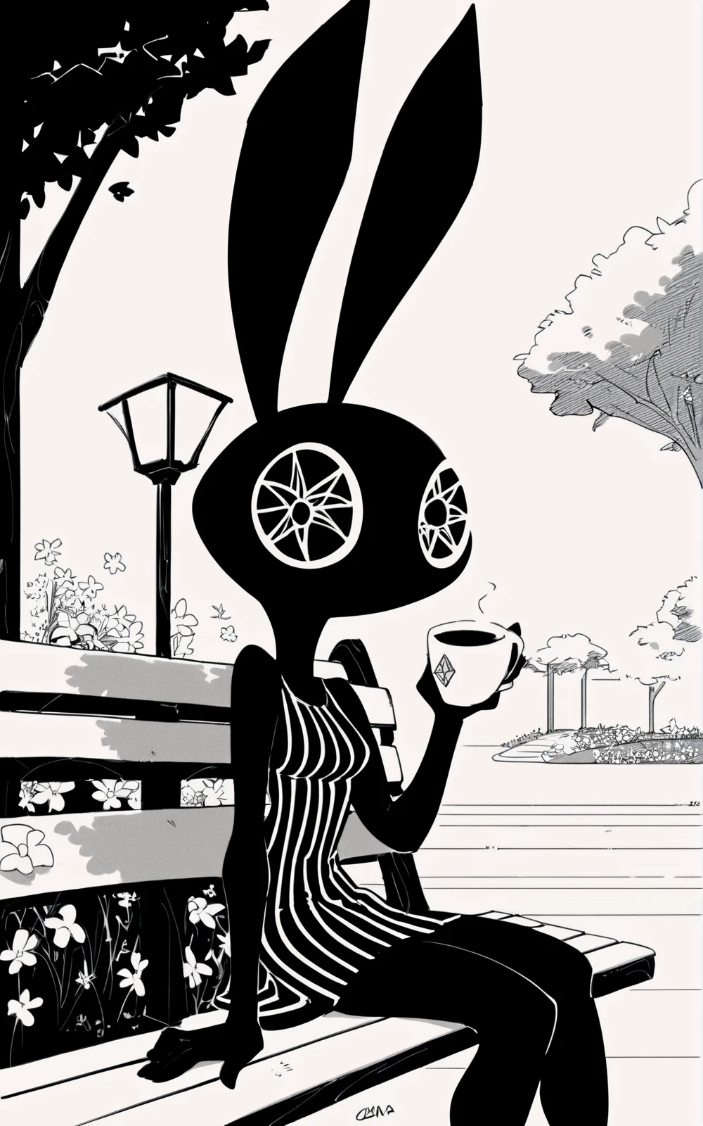 score_9, score_8_up, score_7_up,((best quality)), absurdres,<lora:3d-2d:0.8>, <lora:VibriPXL:0.75>,VibriPXL,black dress, dress, black skin, rabbit ears, gem eyes,solo, slim,solo,monochrome,sleeveless, striped dress,short dress,sitting, bench, flowers,park,trees,mouth,holding coffee