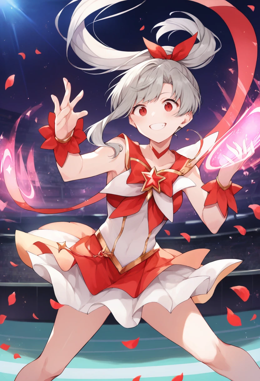 score_9, score_8_up, score_7_up, source_anime, 1girl,red eyes, happy, grin, stadium, concert, magic girl, magical girl outfit, ponytail,grey hair, magic energy, floating cherry petals, dancing magical power <lora:kazutake-hazano-Style-PonyXL-Dora-000021:1>