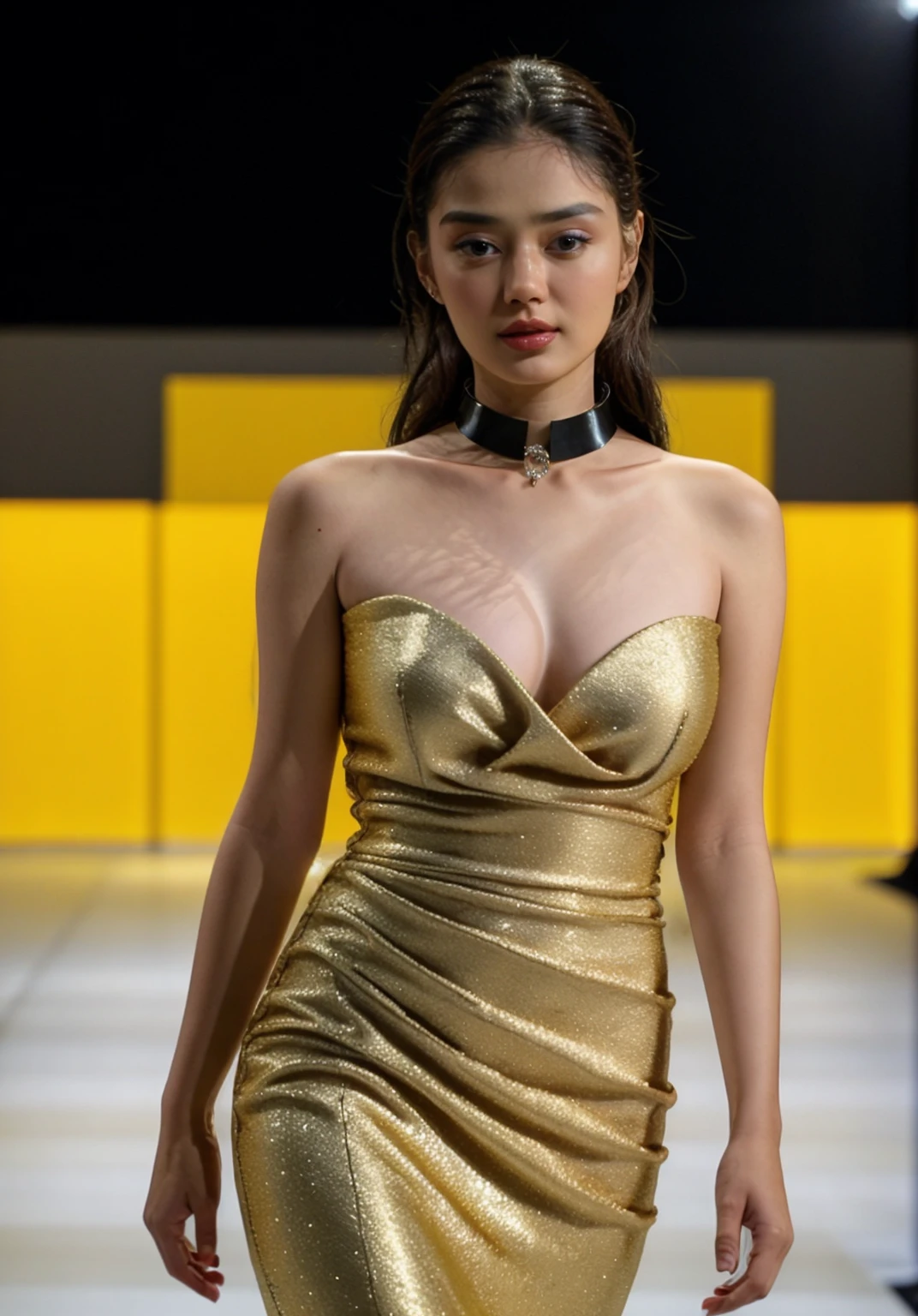 Masterpiece, best quality, almachau123 standing at the end of a runway, fashion show in the background, closeup, stunning and elegant full length dress, high collar, sharp focus, highly detailed, 4k uhd, cinematic lighting, <lora:almachau123:1>,