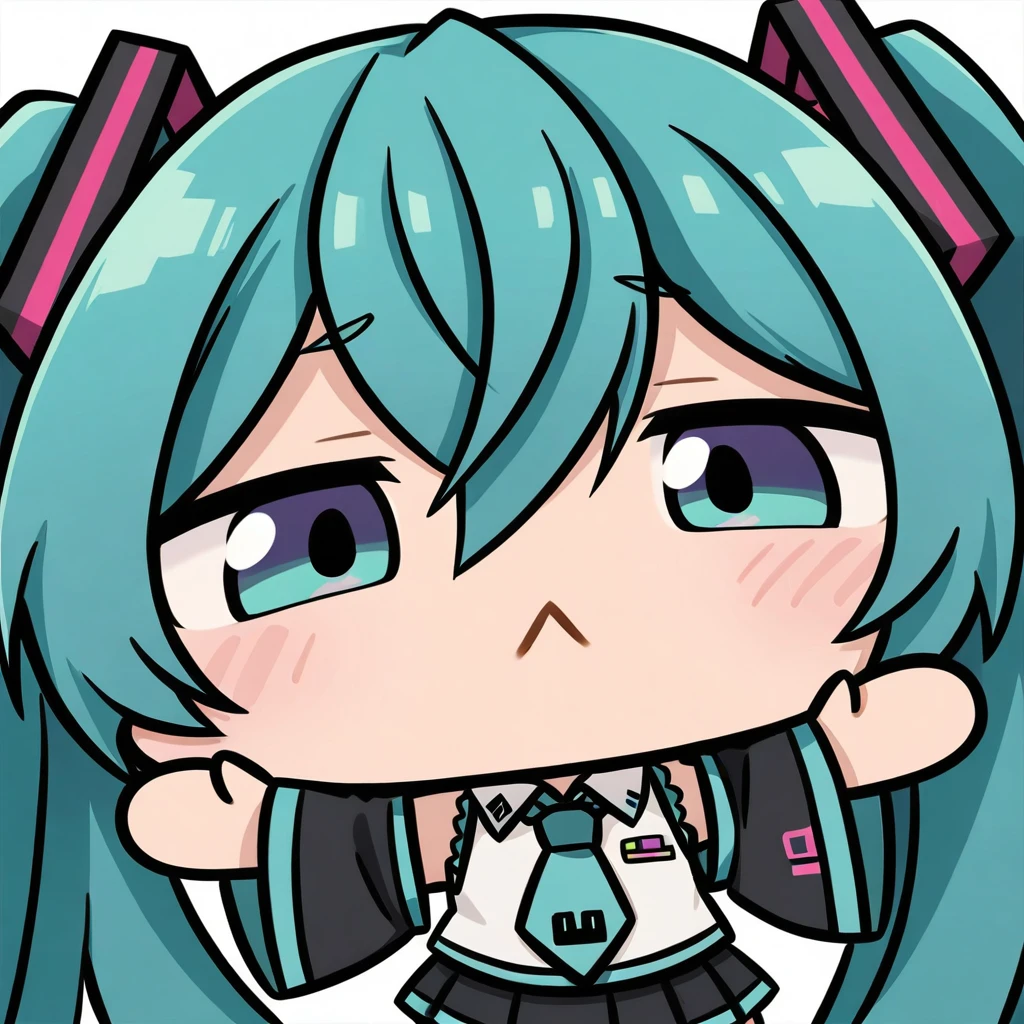 close-up, chibi, :<, 1girl, hatsune miku, twintails, necktie, solo, skirt, shirt, aqua hair, black skirt, aqua eyes, detached sleeves, long hair, sleeveless, white shirt, open mouth, white background, aqua necktie, black sleeves, sleeveless shirt, outstretched arms, very long hair, blush stickers, pleated skirt, hair ornament, miniskirt, bare shoulders, musical note