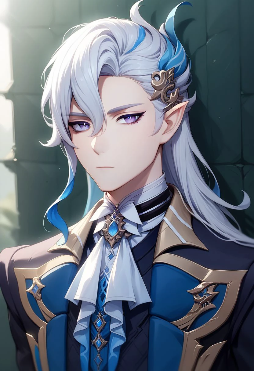 neuvillette, 1boy, male focus, solo, long hair, white hair, multicolored hair, looking at viewer, pointy ears, hair ornament, closed mouth, upper body, white ascot, ascot, blue hair, brooch, portrait, blue eyes, hair between eyes, jewelry, purple eyes, two-tone hair, feather hair ornament zPDXL