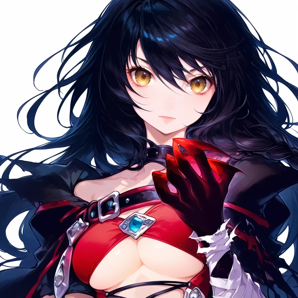 masterpiece, zoom out, score_9, score_8_up, score_7_up, portrait, 1 girl, alone, black hair, long hair, long split bangs, white eyes, black sclera, (red eye shadow, small smile), evil, parted lips, expressionless, big breasts, upper body, V-neck strap basic dress, black bottom, best quality, long split bangs.
