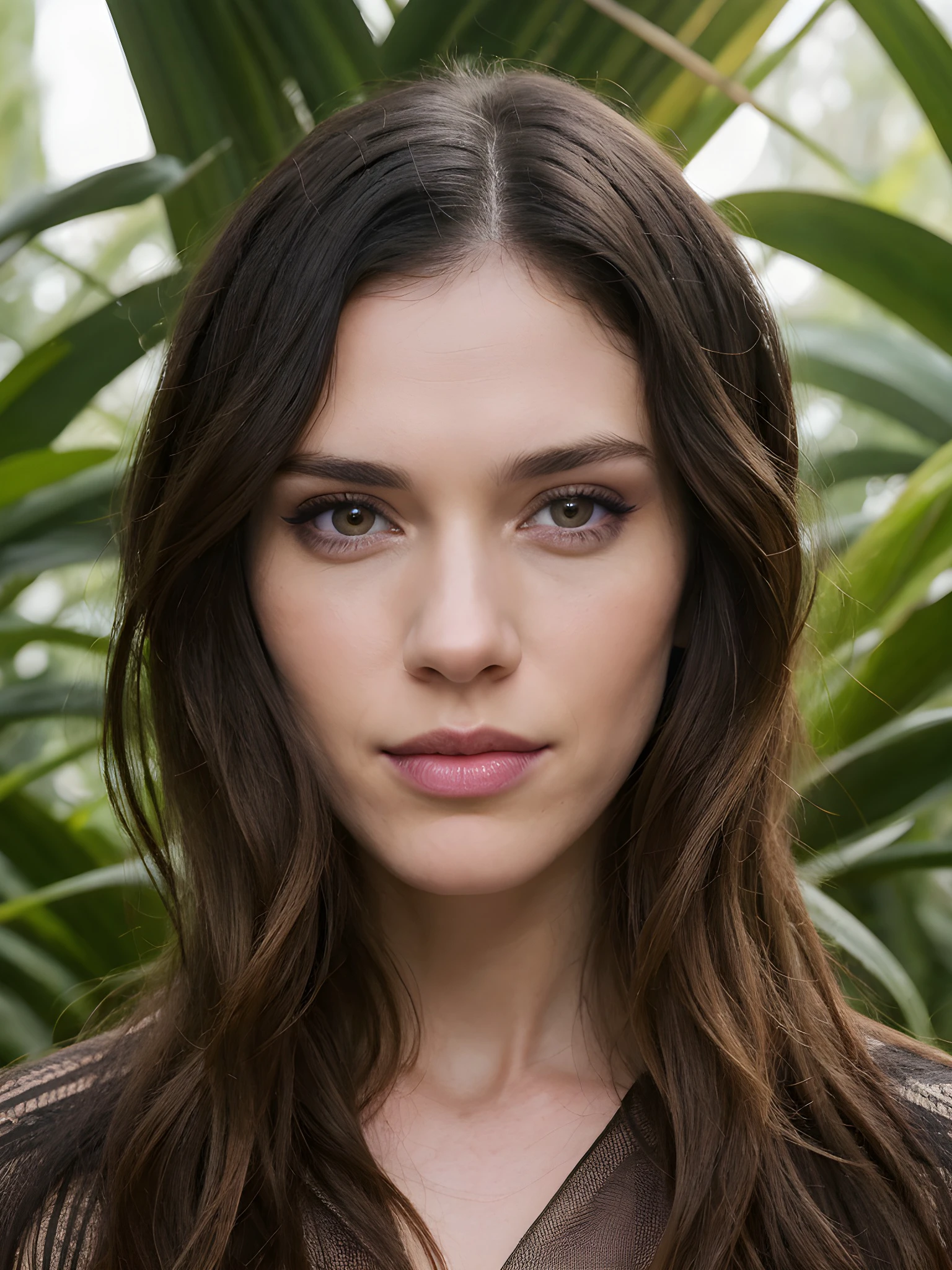 close-up photo of D3lf1n4Ch4v3s_V1-Emb , makeup, mascara, eyeshadow, in the middle of a jungle, 8k uhd, high quality, dramatic, dramatic lighting, realistic , lifelike texture