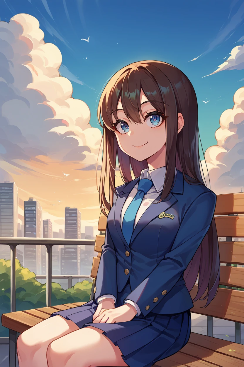 score_9, score_8_up, score_7_up, score_6_up, source_anime BREAK 1girl, girl and dog, <lora:yoshidasaki-pdxl-nvwls-v1-000006:1> defSaki, blue eyes, long hair, blue blazer, blue necktie, pleated skirt, looking at viewer, smile, closed mouth, sitting, looking up, sky, clouds, city, bench