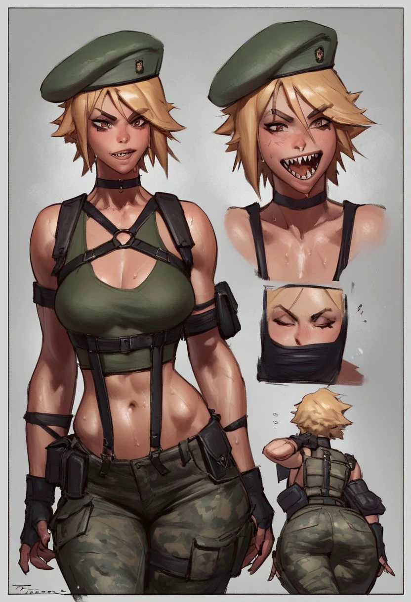 score_9, score_8_up, score_7_up, 
tfiddlerart, tfart,, multiple views, ,1girl, Tomboy, short hair, red beret, military clothing, skimpy, blonde hair, sharp teeth, suspenders, tank top, camo military pants, jungle battlefield, harness, sweaty, hips, medium breast, fellatrix style