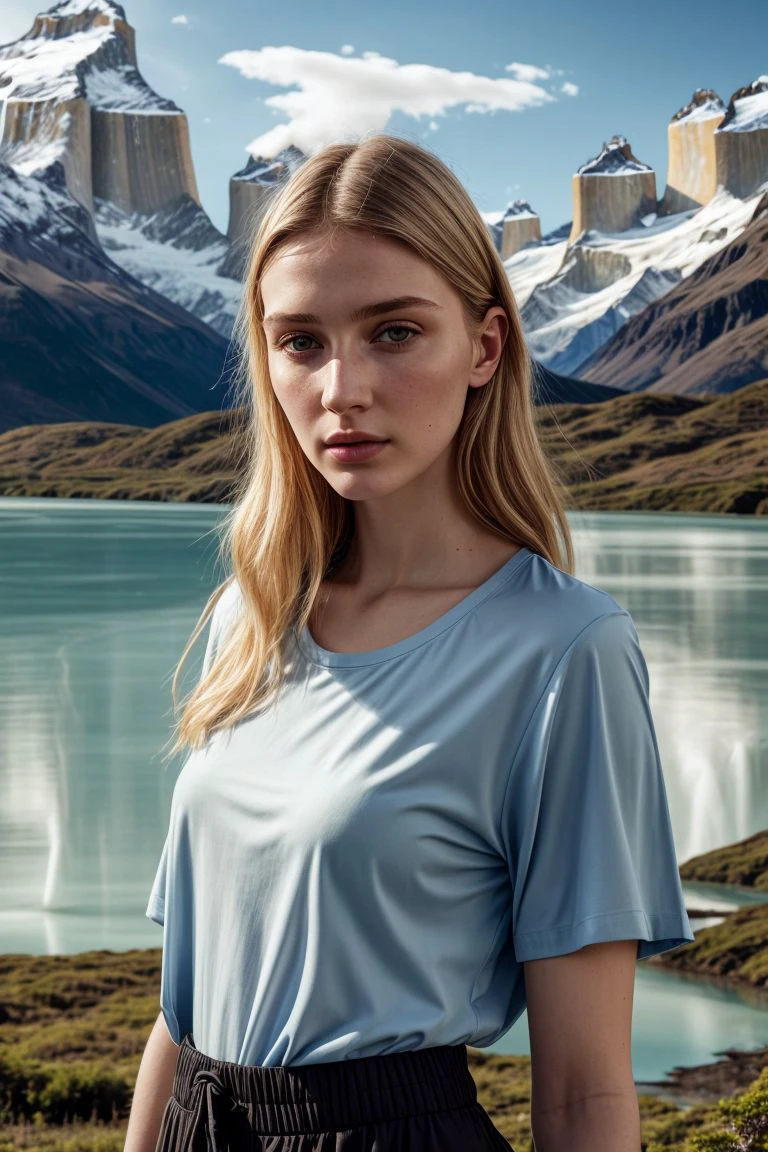 <lora:kawaii7.1.3_obj20:0.75:0.25>, European woman, closeup, sandals, (shirt), pants, (Torres del Paine), ZM_dorina, wide shoulders, perfect face, (contact iris: 1.1), pale skin, skin pores , depth of field