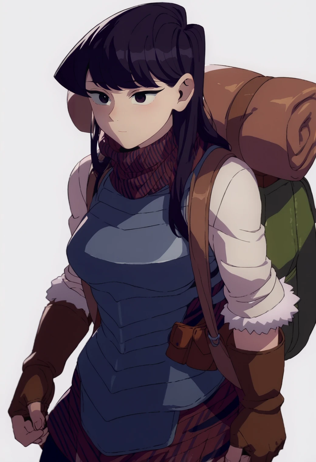 source_anime, score_9, score_8_up, score_7_up, rating_excplicit, 1girl, komi shouko, ,<lora:DMAnimeStyle:1> half-foot, gloves, backpack, bag, fingerless gloves,  boots,  armor, fur trim