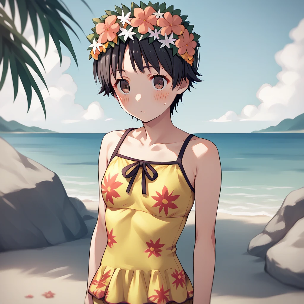 <lora:Kazari Uiharu - To Aru Kagaku No Railgun-000002:1>, UiharuTKNR, black hair, short hair, brown eyes, head wreath, hair flower, hair ornament, "yellow one-piece swimsuit, casual one-piece swimsuit, frilled one-piece_swimsuit, floral print, beach, blush", 1girl, solo, standing, cowboy shot, arms at sides, score_9, score_8_up, score_7_up, source_anime