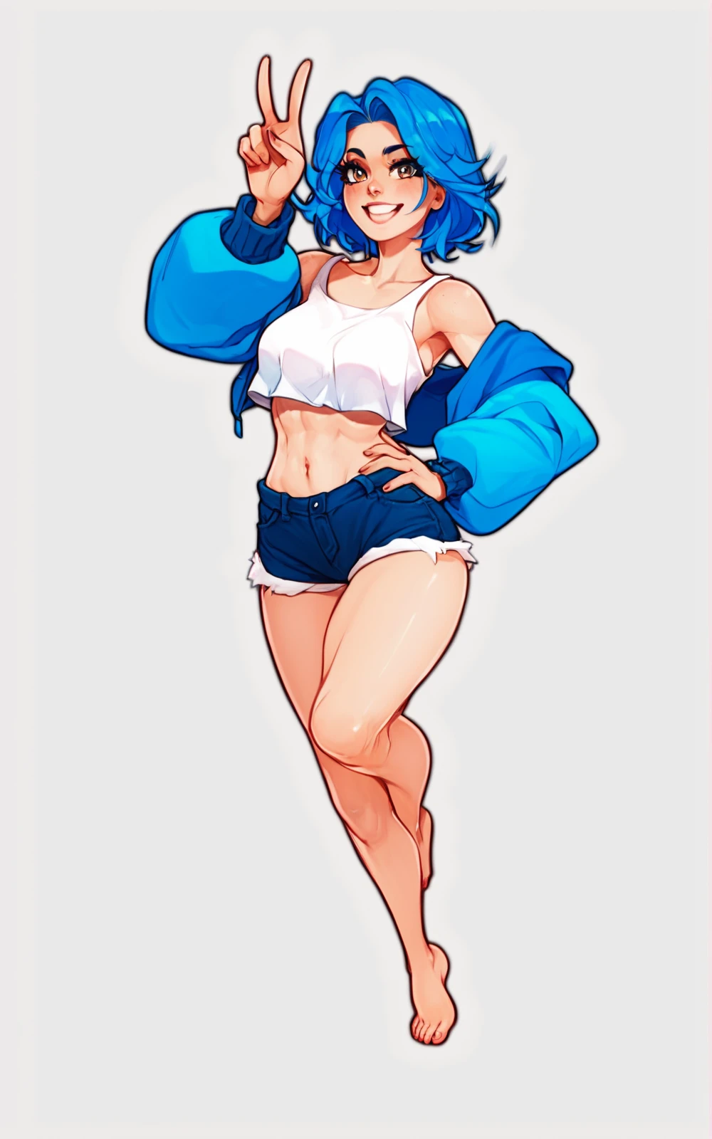 score_9, score_8_up, score_7_up,((best quality)), absurdres,((full body)),  <lora:JagodibujaStylePXL:0.8>,female, shorts, crop top, v sign, blue hair, barefoot,white background,hand in hip