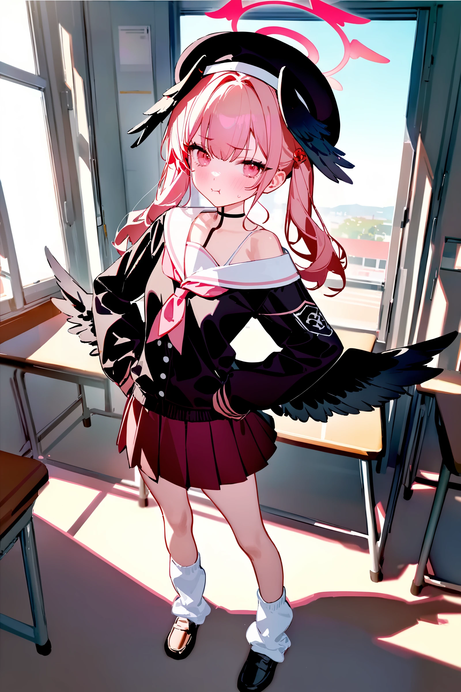 masterpiece, best quality, perfect features, intricate details, ray tracing, newest,(hitenkei, askzy:0.4), 1girl, koharu \(blue archive\), twintails, halo, beret, head wings, low wings, pleated miniskirt, sleeves past wrists, sailor shirt, pink neckerchief, off shoulder, loose socks, loafers, standing, full body, looking at viewer, pout, blush, hands on hips, sunset, classroom, window, backlighting, depth of field  <lora:Char-BlueArchive-Koharu-V1-XL:0.9>