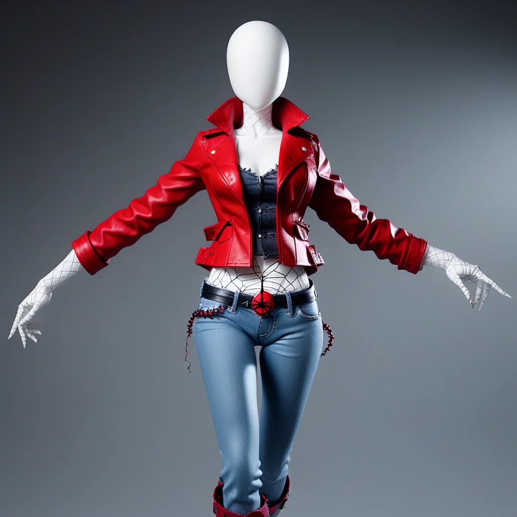 doll joints, denim, spider web, faceless, belt, covered navel, white background, red jacket, arm support, leather pants, blurry, egghead, upper body