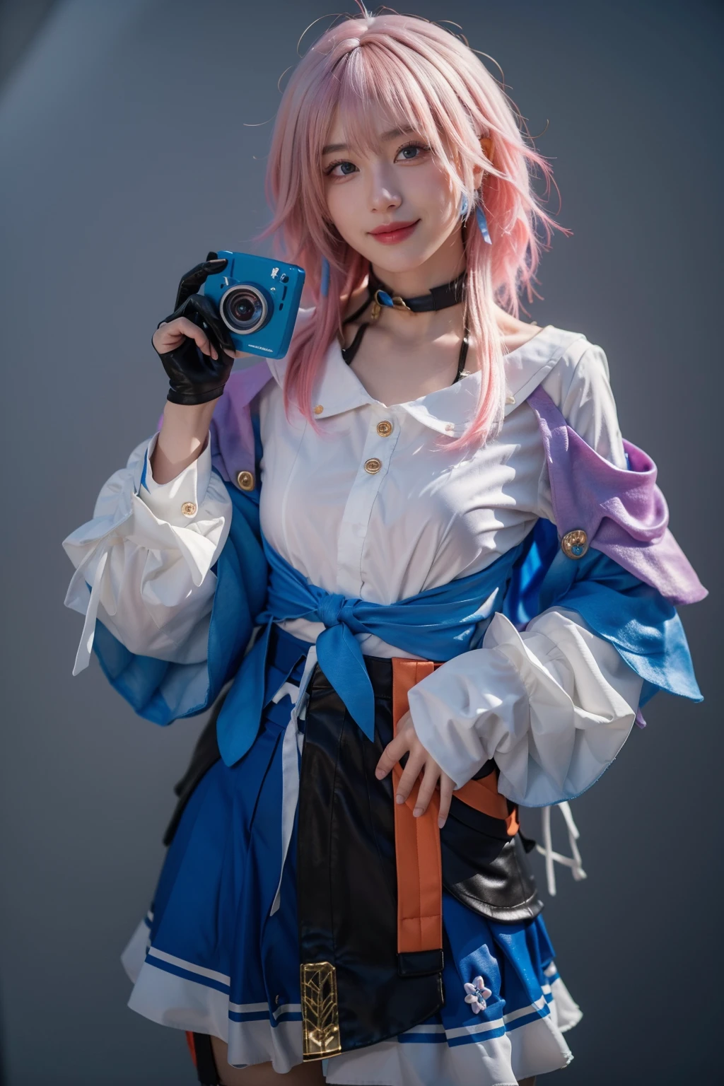 best quality, masterpiece, realistic, photorealistic, 1girl, solo, looking at viewer, smile, standing, cowoby shot, march 7th cosplay costume, march 7th, cosplay, blue eyes, pink hair, medium hair, shirt, dress shirt, long sleeves, jacket, tied jacket, skirt, corset, pleated skirt, choker, camera, flower ornament, badge, button badge, single glove, partially fingerless gloves, simple grey background, <lora:Honkai_StarRail_March7th_costplay_costume_v2:0.7>