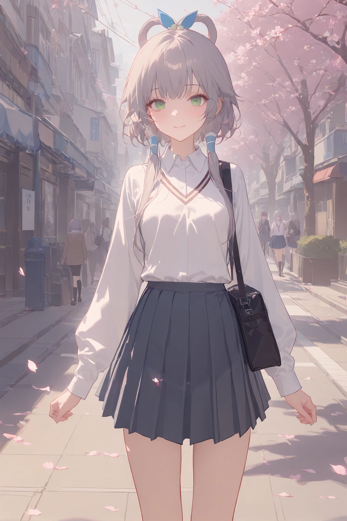 masterpiece, best quality, perfect features, intricate details, ray tracing, newest,(hitenkei, askzy:0.4), 1girl, solo, school uniform,messenger bag, white shirt, sweater, pleated skirt, light smile, looking at viewer, outdoors, street, cherry blossoms, petals, depth of field, green eyes, grey hair, hair ornament, hair rings, short hair with long locks, hair tubes, <lora:luotianyi_xl:0.7>