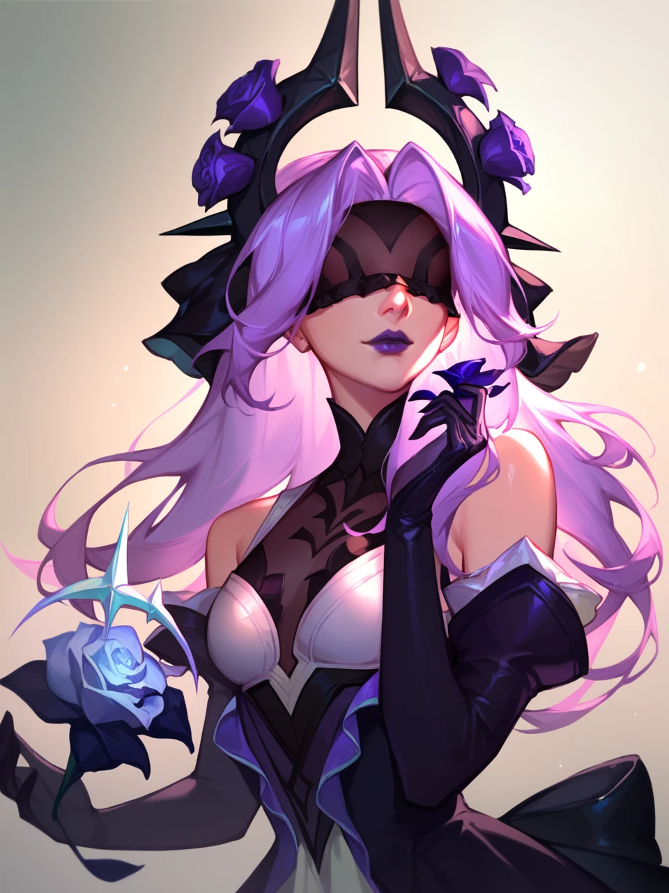 score_9, score_8_up, score_7_up, SyndraWR, 1girl, solo, black halo, purple long hair, blindfold, purple lips, purple and white dress, purple gloves, black high boots, roses <lora:SyndraWR:1>